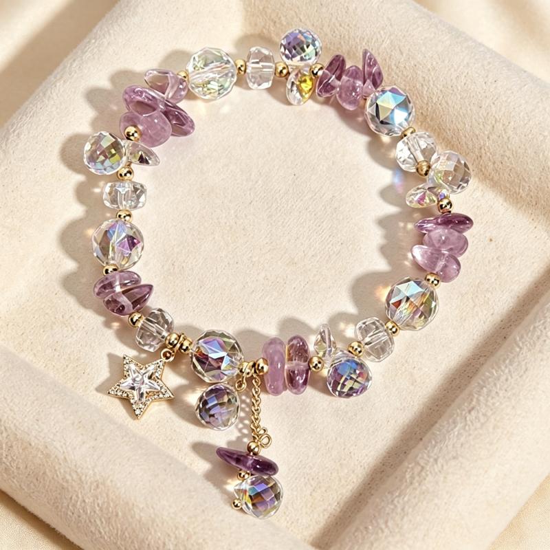 TEMU 1pc, Pure Desire Aesthetic Y2k Iridescent Bracelet, For Teen, Golden Synthetic Zirconia Star Pendant Tassel Stretch Style, Trendy Accessory,