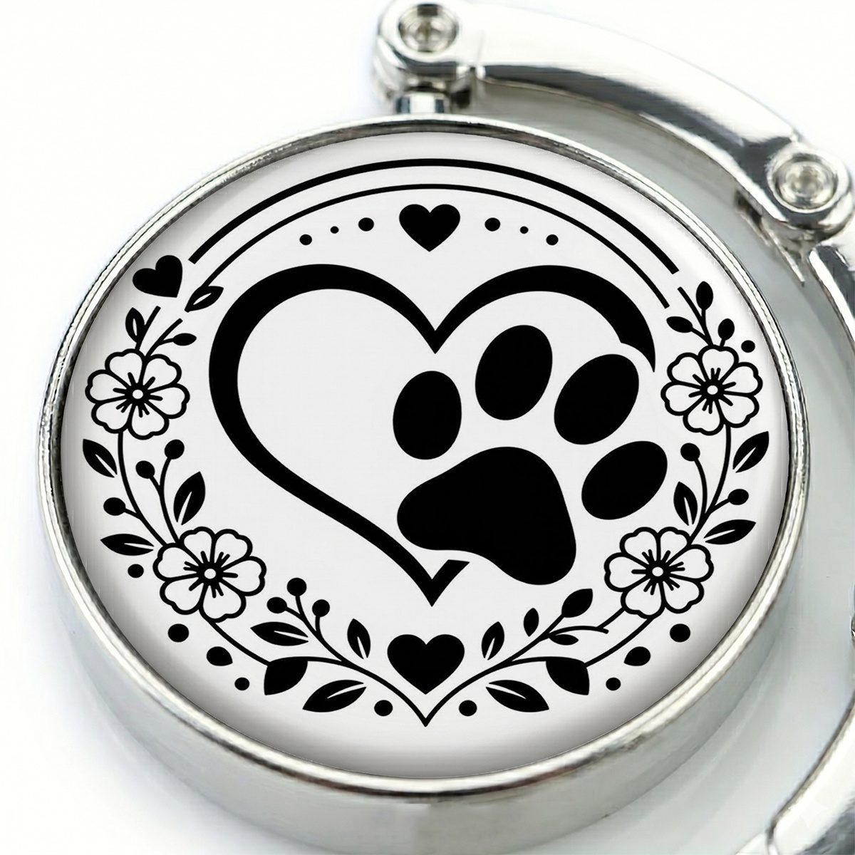 TEMU 1pc Heart-shaped Paw Print Floral Pattern Silvery Round Foldable Hook, For Hanging Bags On Tables, Shelves Or Car Seats, Universal Organizer,