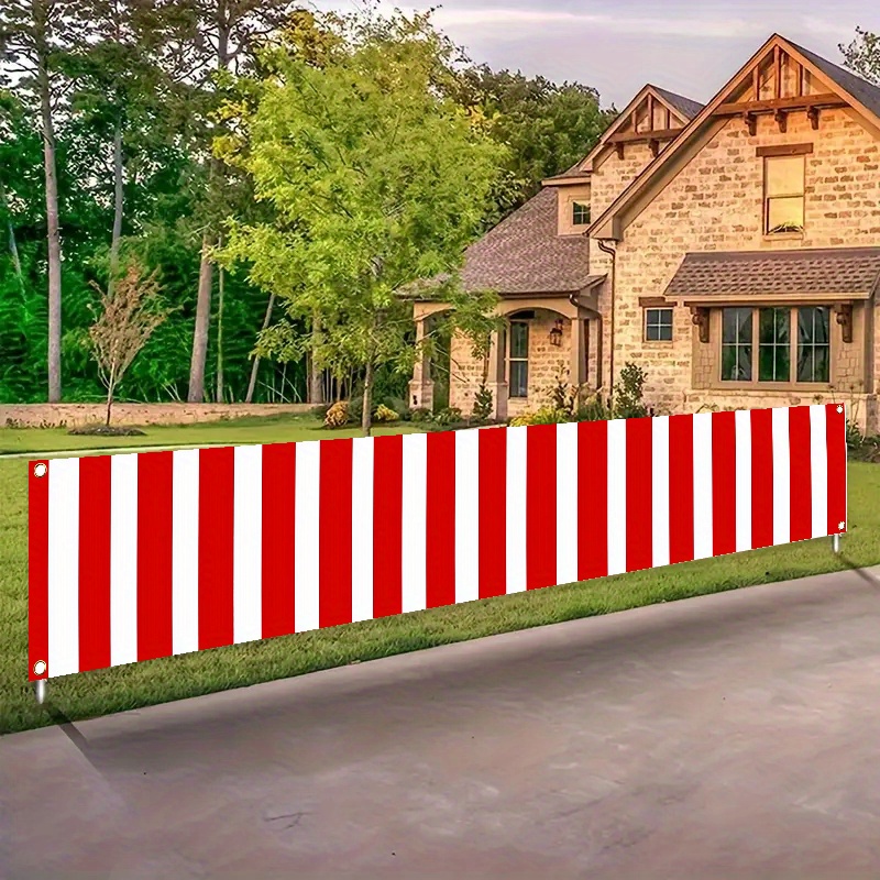 TEMU 1pc Red And White Vertical Stripes Are Suitable For Decorating Christmas Circuses Or Birthday Themes - Pattern Polyester Decorative Fence Banner