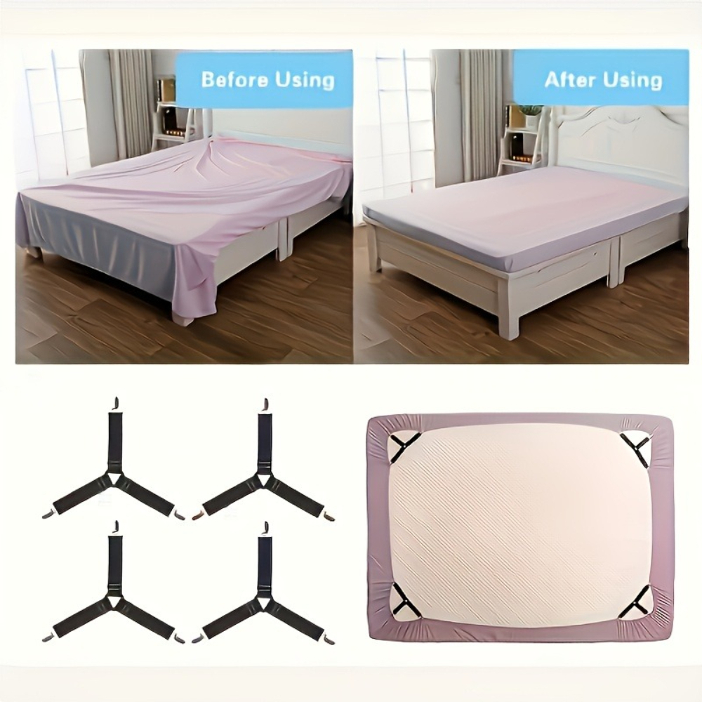 TEMU Lot de 4 pinces triangulaires pour draps - Sangles élastiques réglables avec pinces transparentes, antidérapantes, attaches en nylon faciles à