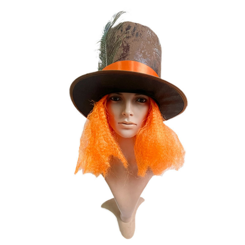 TEMU Carnival Theme Short Wig Set With Feather Decoration Top Hat And Long Beard, Matte Smooth Hair Full Dress Headpiece Unisex Holiday Atmosphere
