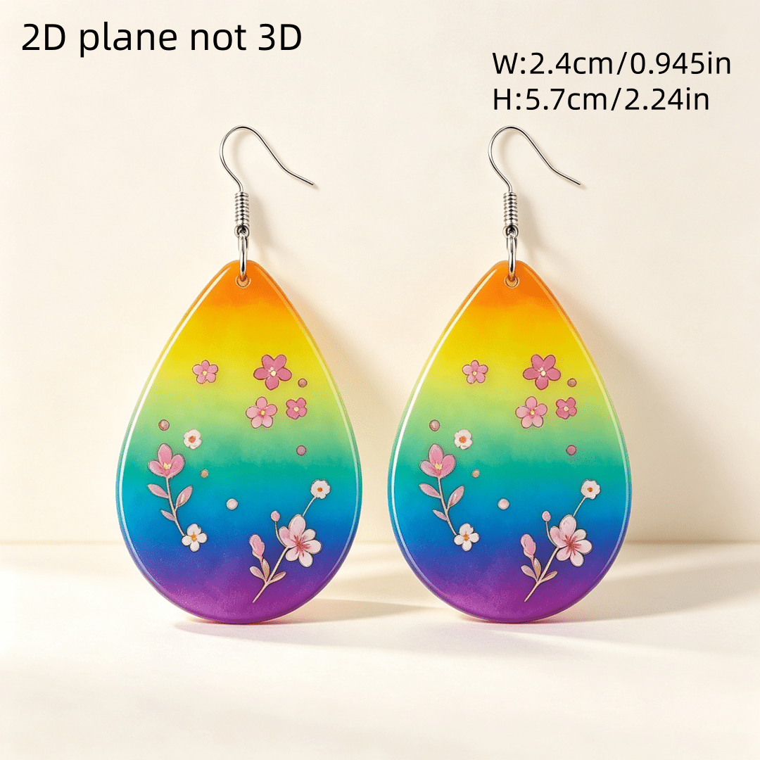 Rainbow Gradient Cherry Blossom Teardrop Dangle Earrings, Gift