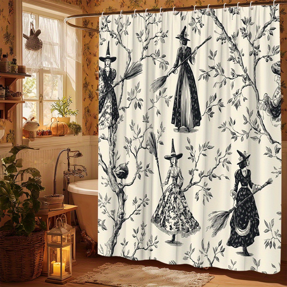 TEMU 1pc Rideau de Douche Sorcière Halloween Extra Long - Design Vintage avec Sorcières, Chauves-souris, Chaudrons - Décoration de Salle de Bain -