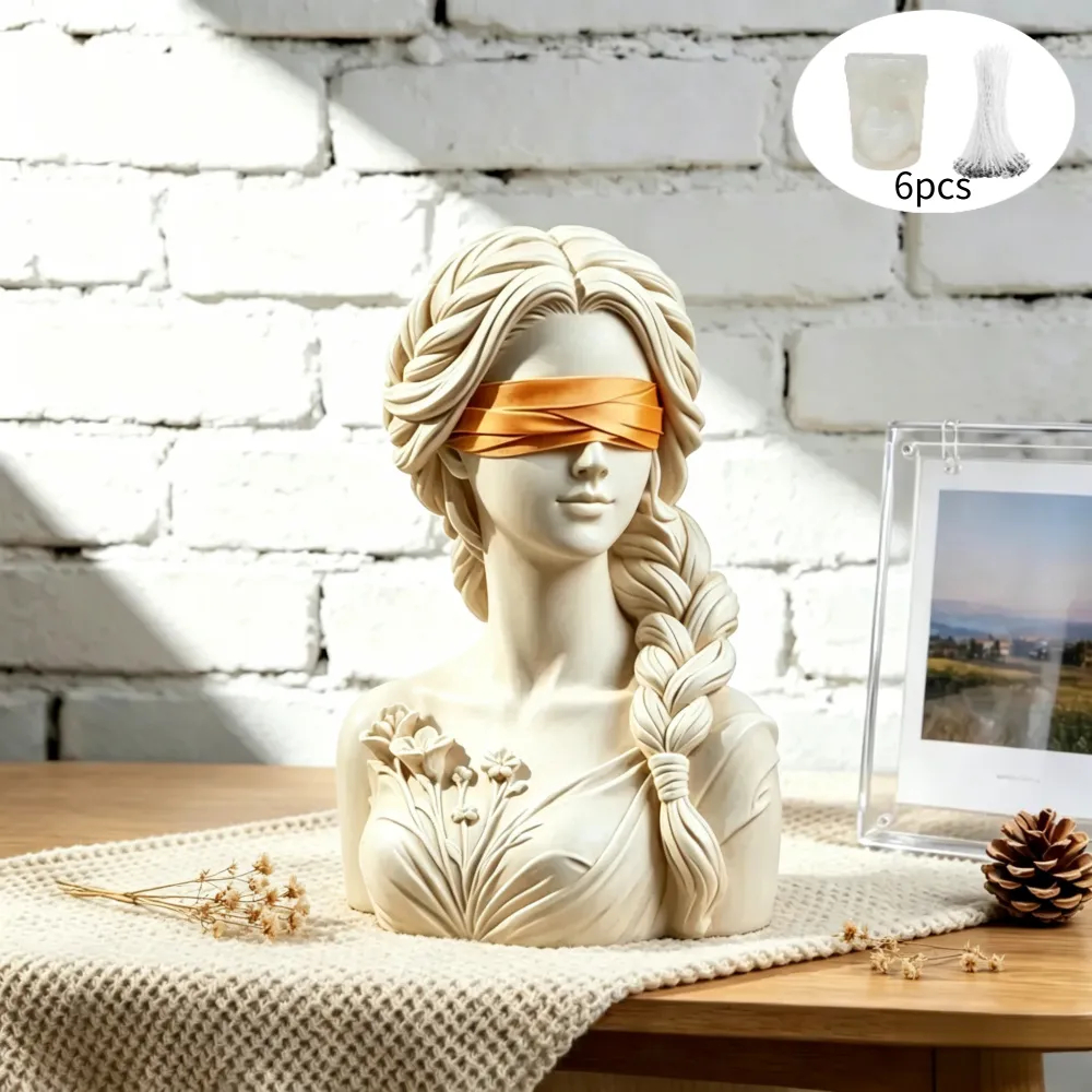 TEMU Stampo in silicone da 6 pezzi bendata con 5 stoppini per candele fai da te, artigianato in resina e statue in gesso - 3D capelli e fiori, stampi
