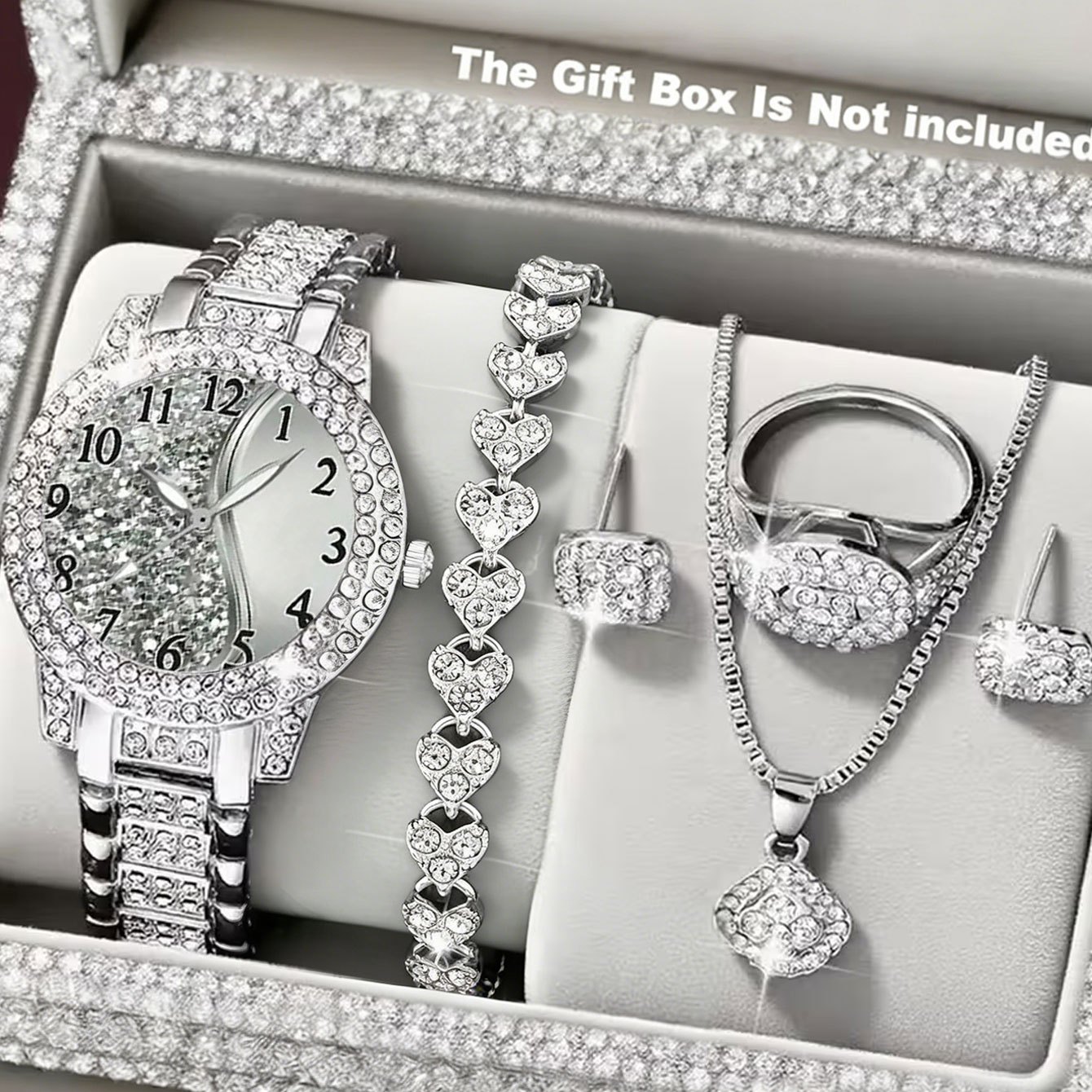 * Luxury Women'S Silvery Watch Set, Bling Watch with Square * Jewelry, * Bracelet, Necklace, Stud Earrings And Ring, * And *, Suitable for Daily Commuting, Dates And *, Affordable And Versatile