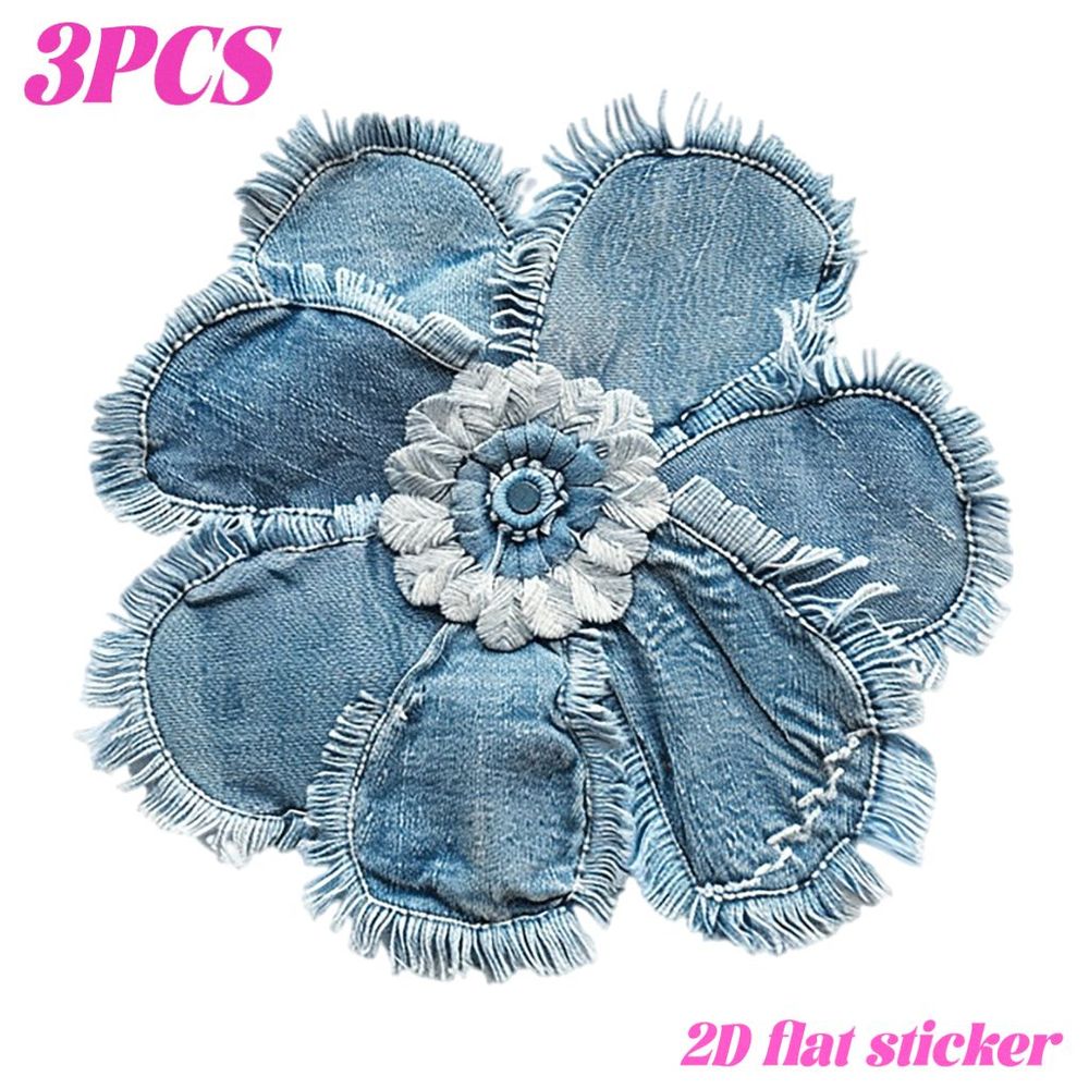 TEMU 3pcs 2d Flat Heat Transfer Stickers Compatible For Iron-on Transfers Heat Press Appliques - Denim Flower Patches With Frayed Edges, Blue And