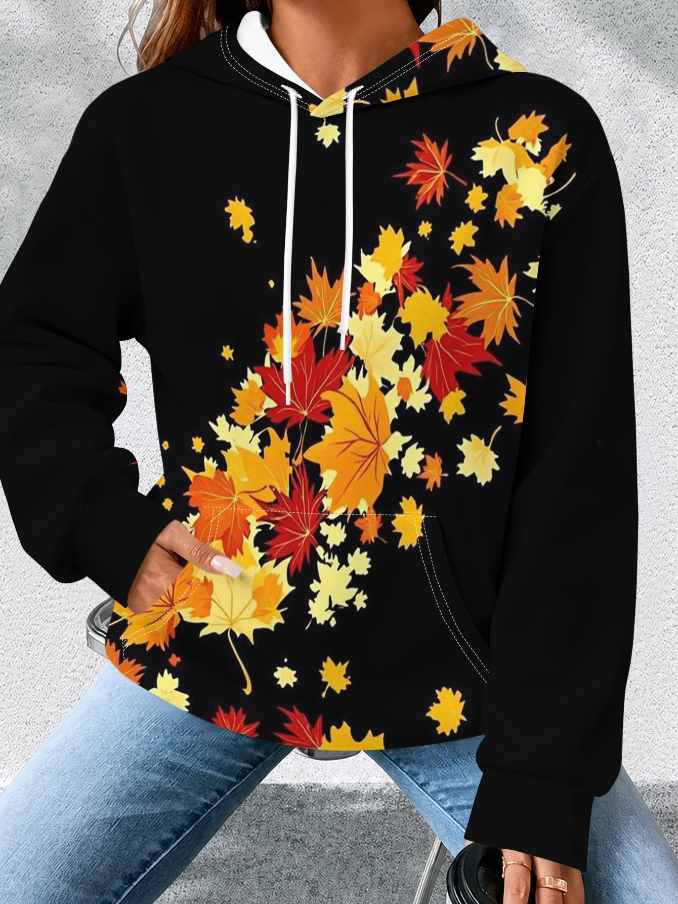 trendy hooded sweatshirt black background with red and yellow   dancing   top for fall and winter