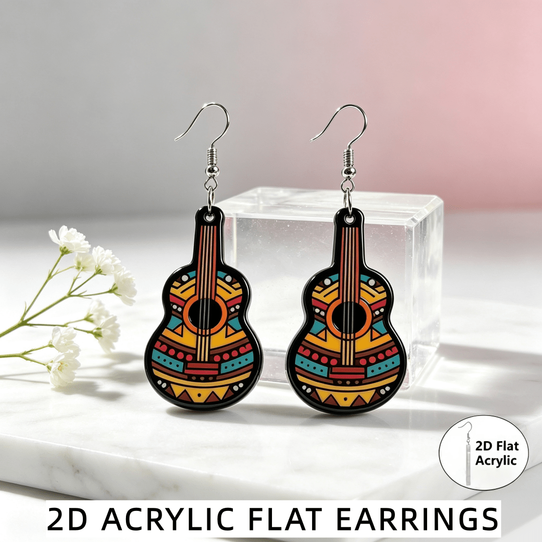 Women's Boho Guitar-Shaped Dangle Earrings with Tribal Patterns