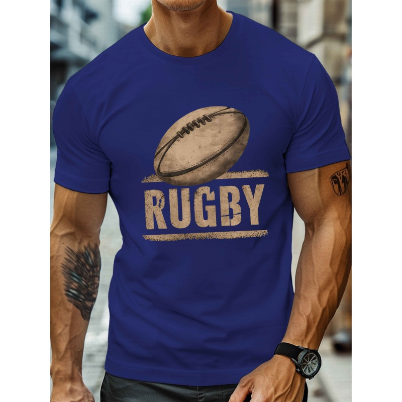 

Imprimé design de ballon de RUGBY, T-shirt à col rond et manches courtes pour hommes, Haut décontracté et confortable pour l'été