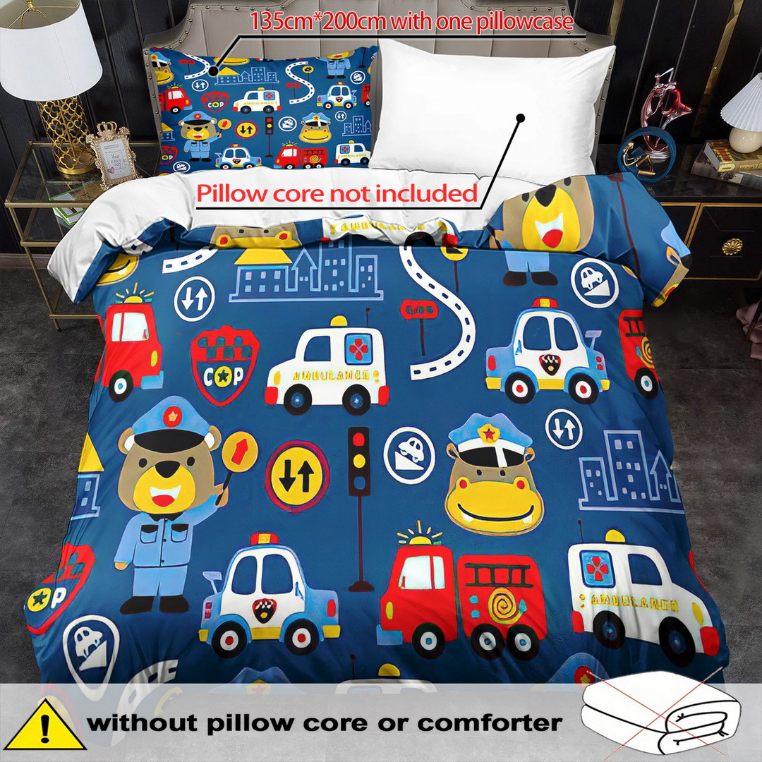 TEMU Traffic Control Themed Duvet Cover Set - 2/3pcs, Soft, Comfortable, And Breathable, Car Print Bedding, Ambulance Print Duvet Cover Set, 100%