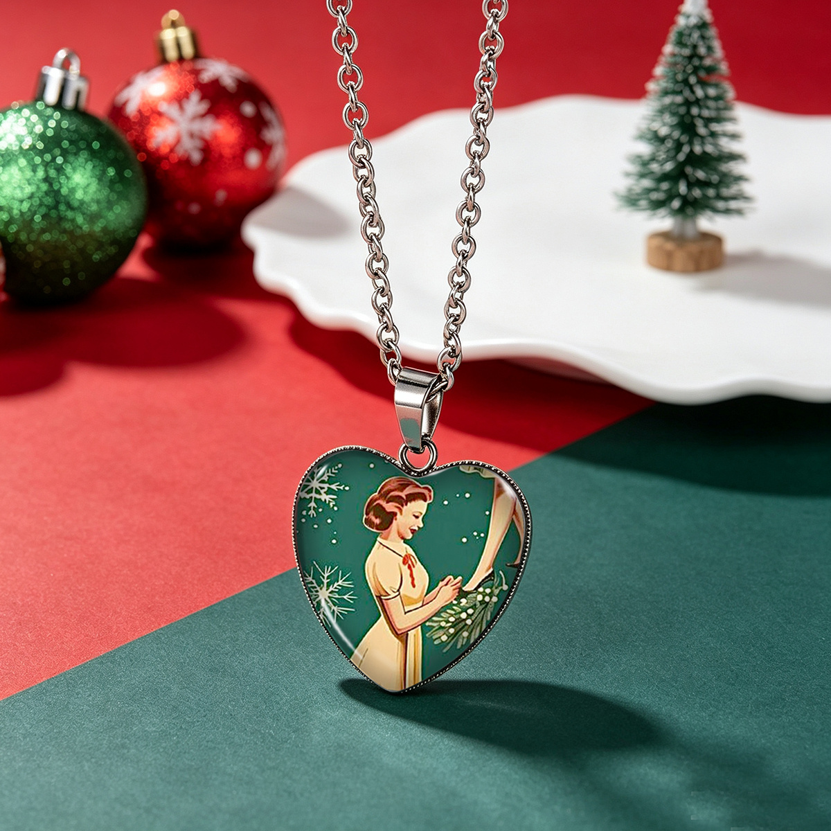 Heart Pendant Stainless Steel Necklace with Christmas Holly Pattern