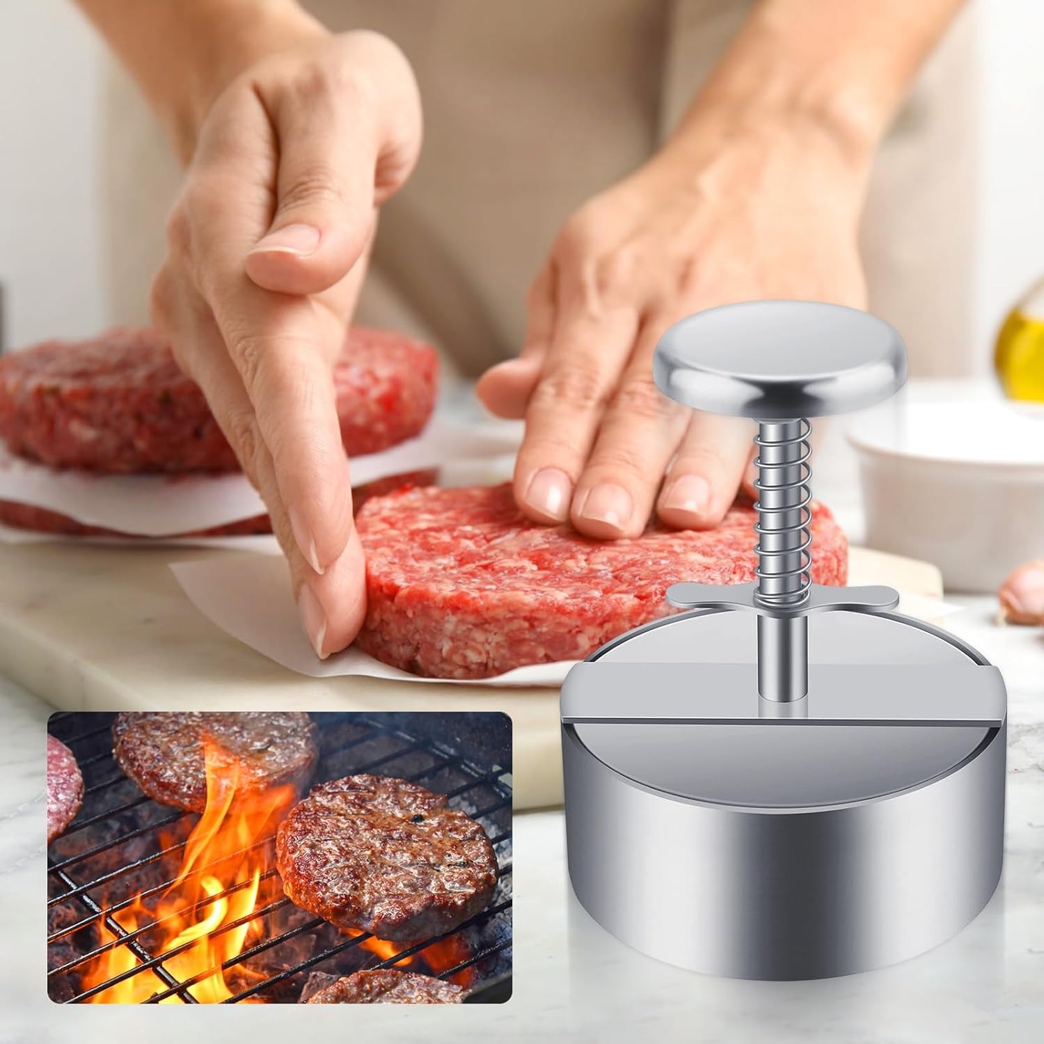 TEMU 304 Stainless Steel Burger Meat Press, 4.5-inch Adjustable Hamburger Patty Maker, Hamburger Press For Bbq Grill