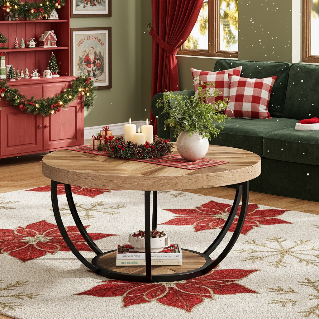 2-tier Modern Industrial Round Coffee Table With Storage Shelf - Space- Wood Grain Top & Wood Base, Suitable For Christmas , Center Table For, Office, Small Spaces