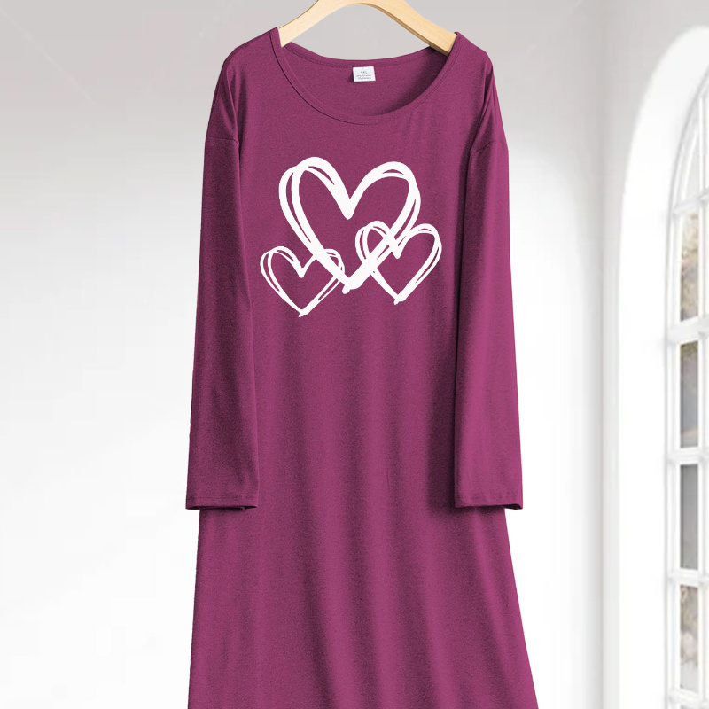 

Women's Plus Size Long Sleeve Sleep Dress, Casual Knit Heart Print, Polyester Stretch Fabric, Home Robe For Adults, Autumn/winter Season, Comfortable Lounge Wear