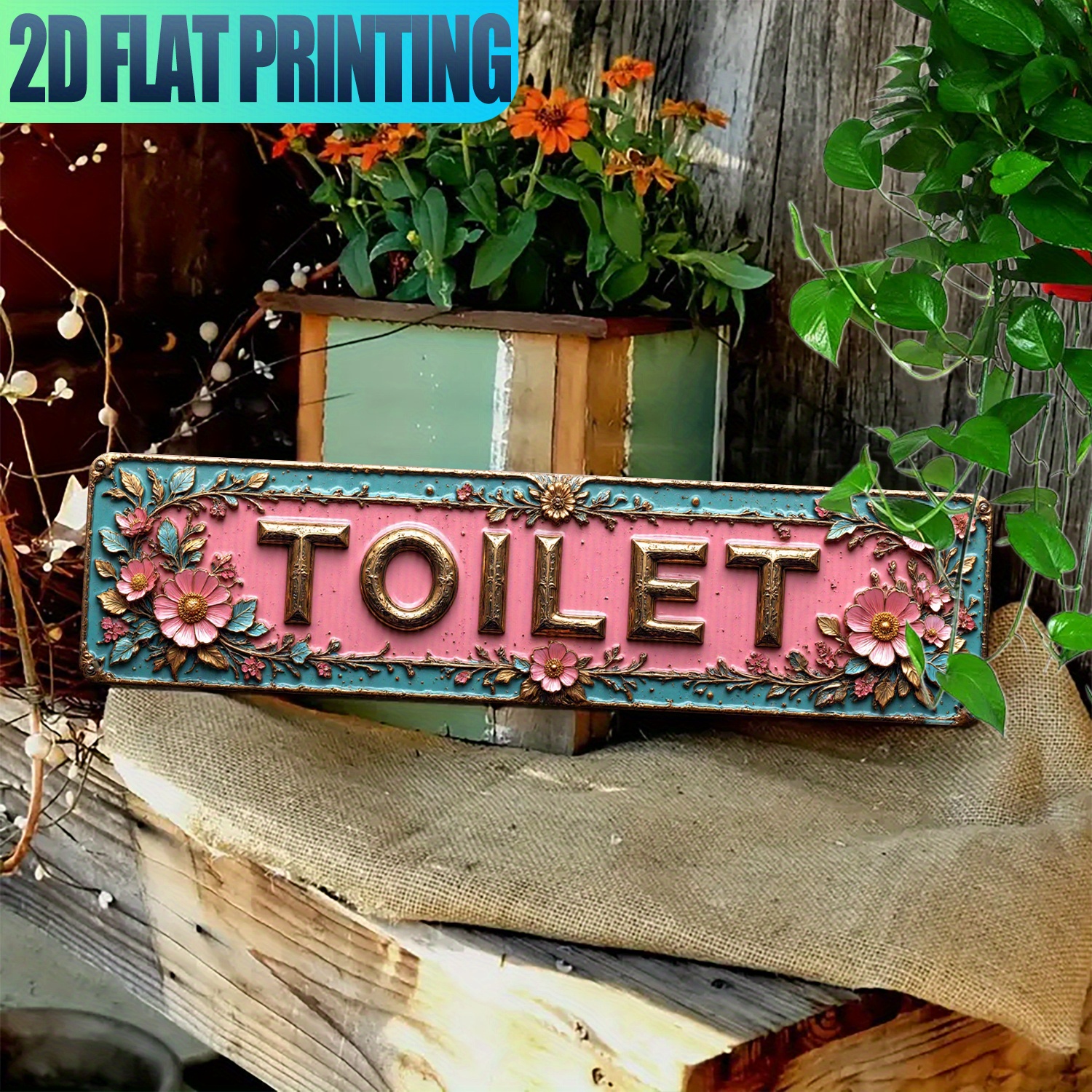 E-shop 2D-Flach, 2D-Flach – Ein Vintage „Dekorativ gestaltetes ‚TOILETTE‘-Schild“ Aluminiumschild für 2D-Oberflächen – für Zuhause, Landhaus-Dekor