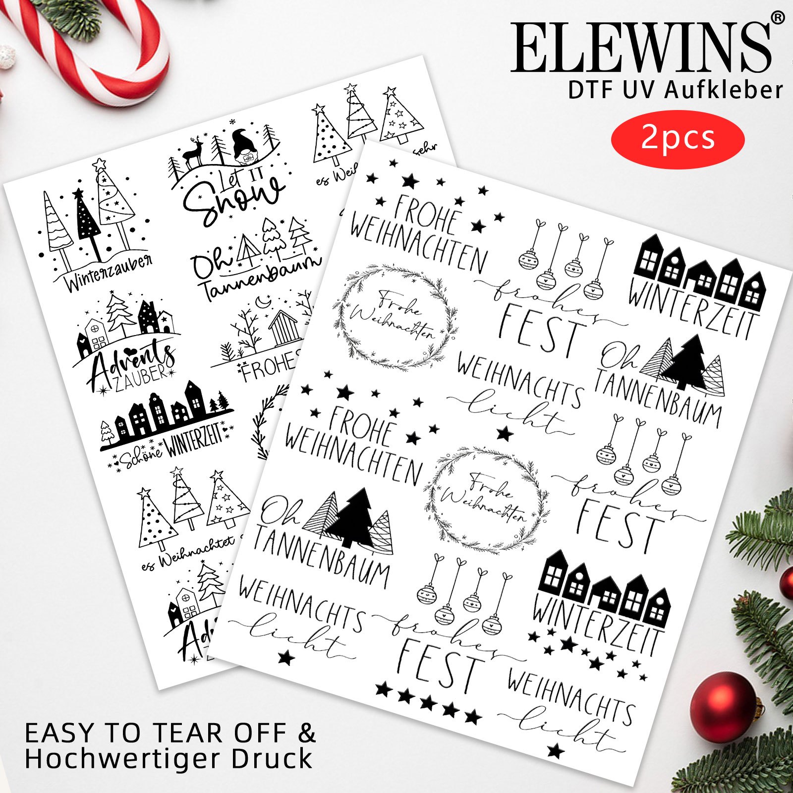 TEMU 2-teiliges UV-DTF-Becher-Set, Kerze – Deutscher Wald Weihnachten für Tasse, Flasche andere Dekoration – DIY hochwertiges selbstklebendes Papier