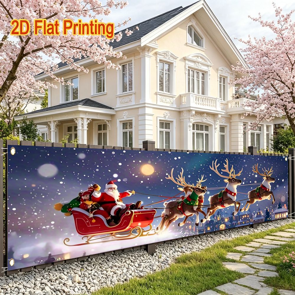 TEMU Christmas Fence Banner, Santa Claus Sleigh And Reindeer Polyester Hanging Flag With Metal Grommets For Garden Holiday Decoration