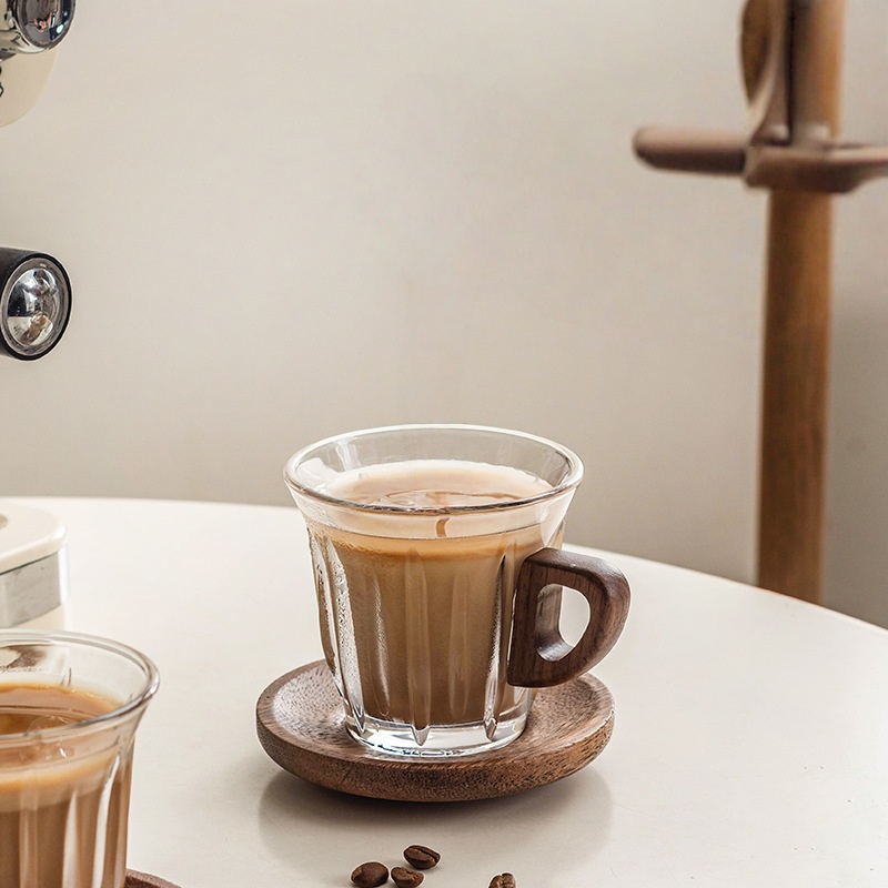 TEMU Tempered Transparent Glass Cup Set - Glass Cups   Wooden Coasters. The Perfect Companion For Coffee. A Family Combination Set For Autumn And