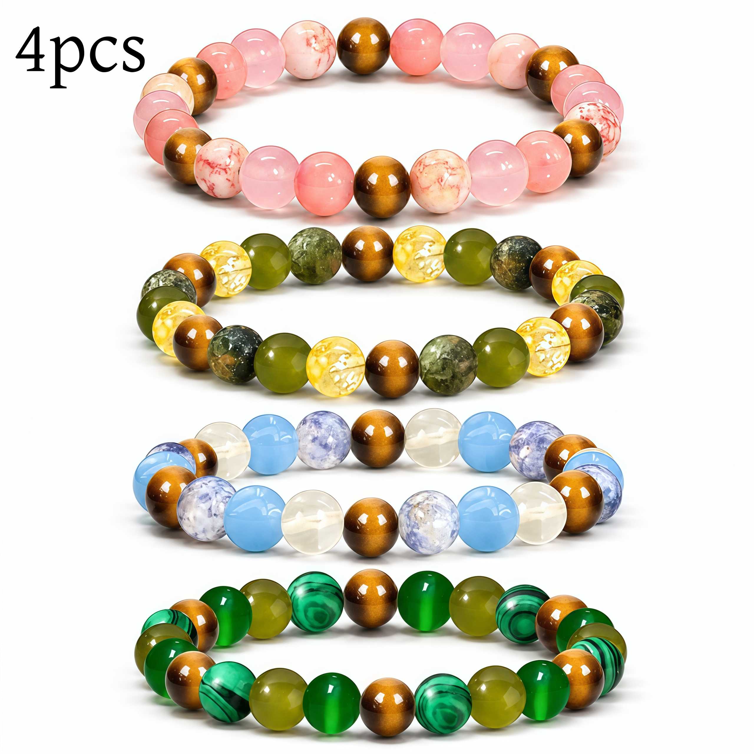 TEMU 4pcs, Œil de tigre synthétique, Malachite synthétique, Zèbre rose synthétique, Perle nœud africain synthétique, Bracelet de , Unisexe, Convient