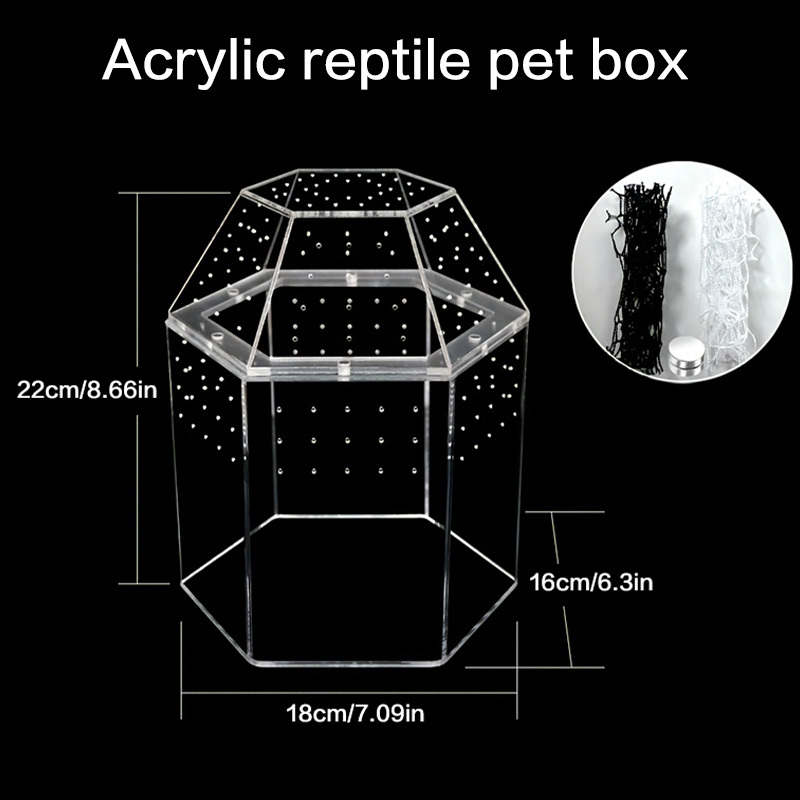 TEMU 1pc A Hexagonal Acrylic Pet Enclosure Featuring A Magnetic Black And White Net, A Magnet Pen, And A Nameplate, Ideal For Housing , , Lizards, , Geckos, And Insects