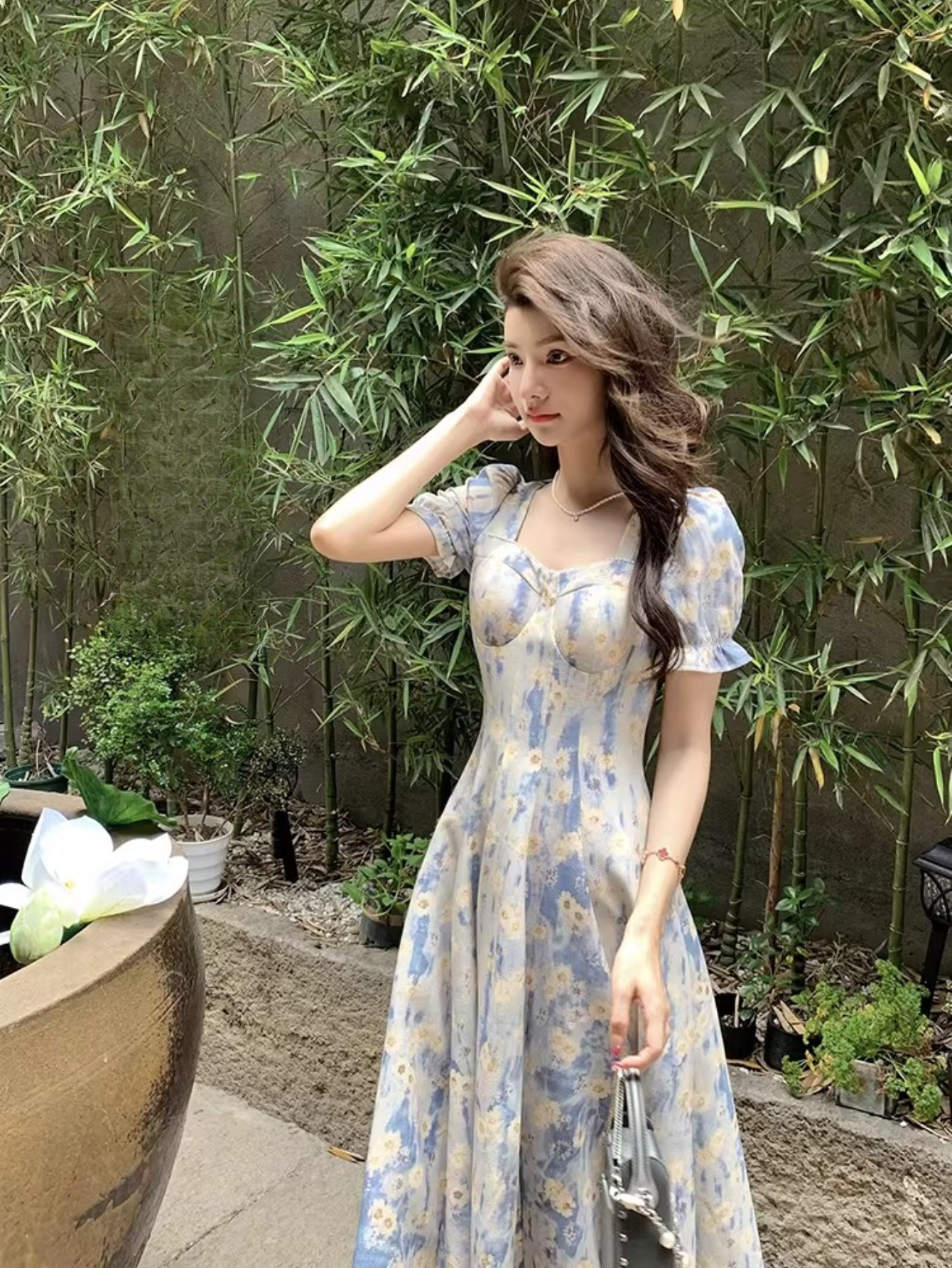 2026 * Square Neck * Painting Floral Print Dress for Women, Summer  Waist-Cinching Long Dress for Beach Vacation