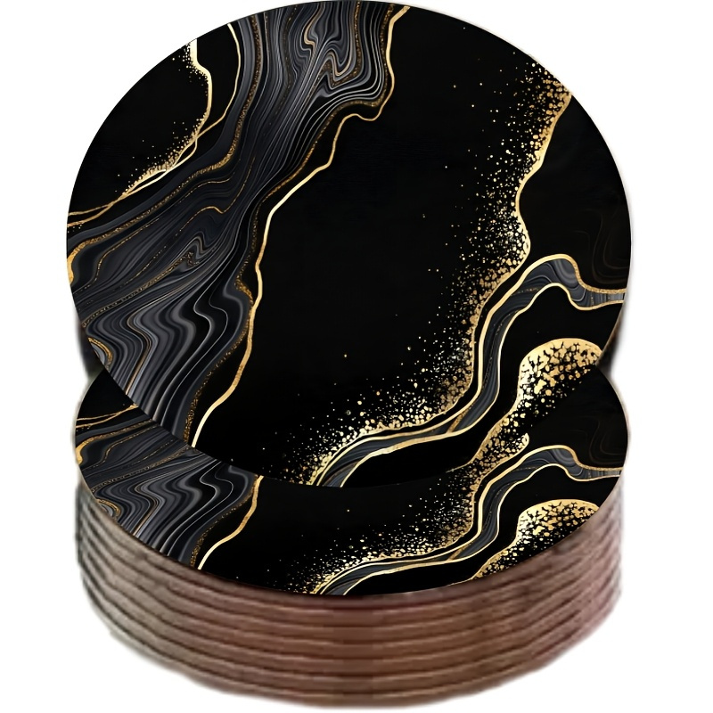 TEMU 6 stuks 2D Zwarte Gouden Marmer Onderzetters Hittebestendige Beker Matten Huisdecoratie Perfect Cadeau voor de Feestdagen