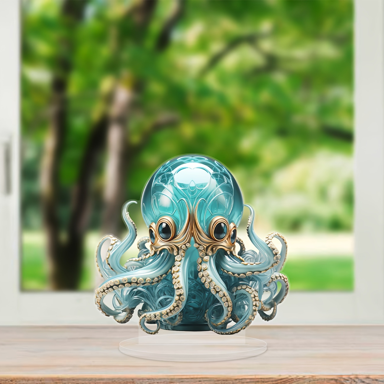 

2d Flat Style Glass Octopus With Acrylic Stand, Unique Animal Themed Tabletop Decor, Multipurpose Bohemian Accent, With English Text, For , Ideal Father's Day Gift