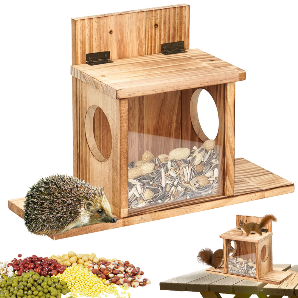 Image of Squirrel Feeding Box Made Of Wood, Measuring 35x24x12.5cm, From Carbonized Pine And Featuring An Acrylic Window, Designed For Outdoor Wall Mounting