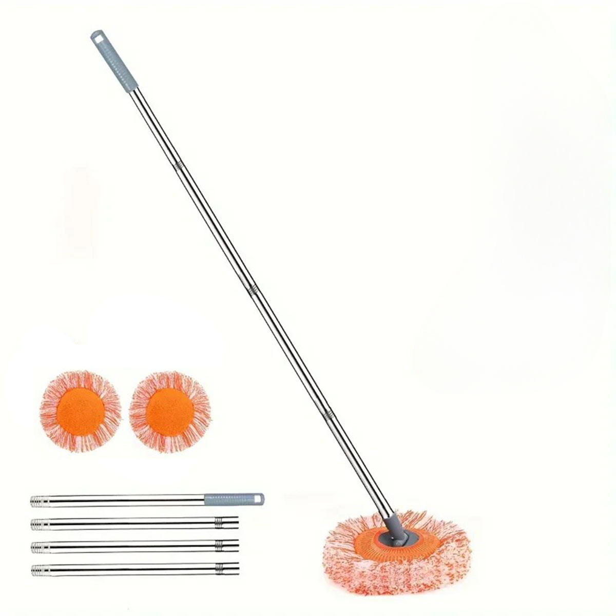 Image of 360-degree Rotating Cleaning Mop Set, Featuring A Round Microfiber Dust-proof Mop, Equipped With 4 Stitched Steel Poles And 2 Interchangeable Mop Heads For Wall Cleaning.