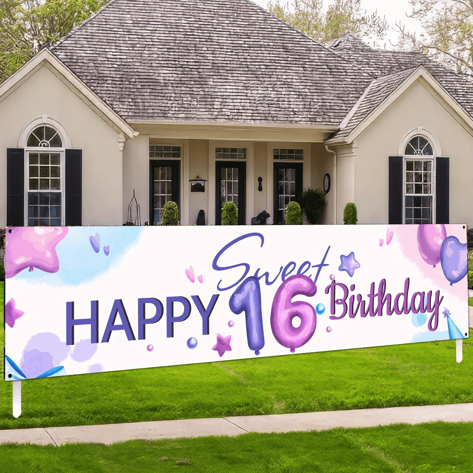 

1pc Sweet 16 Banner - Vibrant Purple & Pink, Polyester, 18x79 Inches - Easy To Hang, No Power Required - Ideal For Outdoor/indoor Celebrations, Garden Parties, Photo Backdrop - Decoration For All