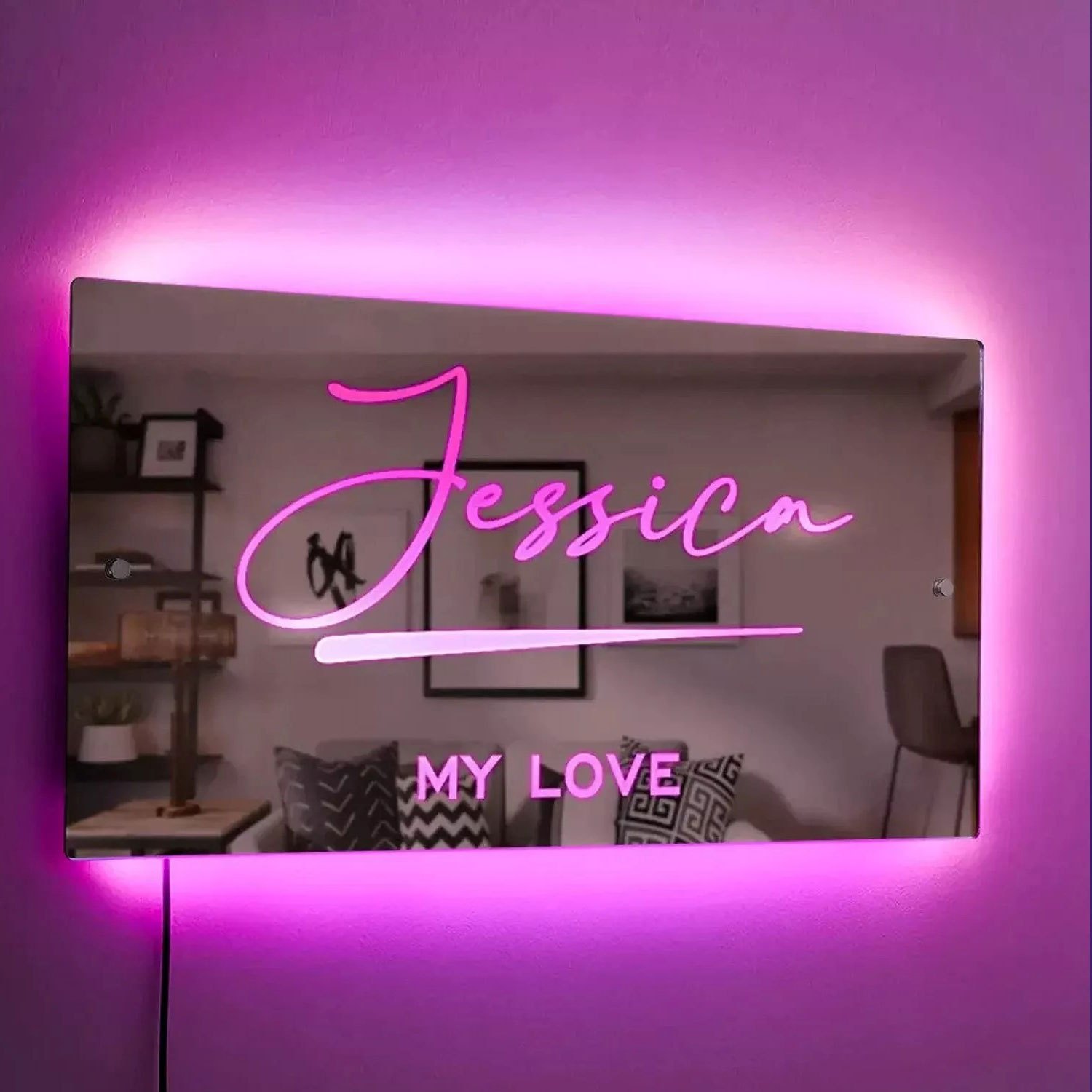 

Personalized Acrylic Led Mirror Light, Custom Name Wall Decor, Usb Powered, Dimmable Light, Push Button Control, Non-waterproof, For Bedroom, Bathroom, Party, New Year, Valentine's Day Decor