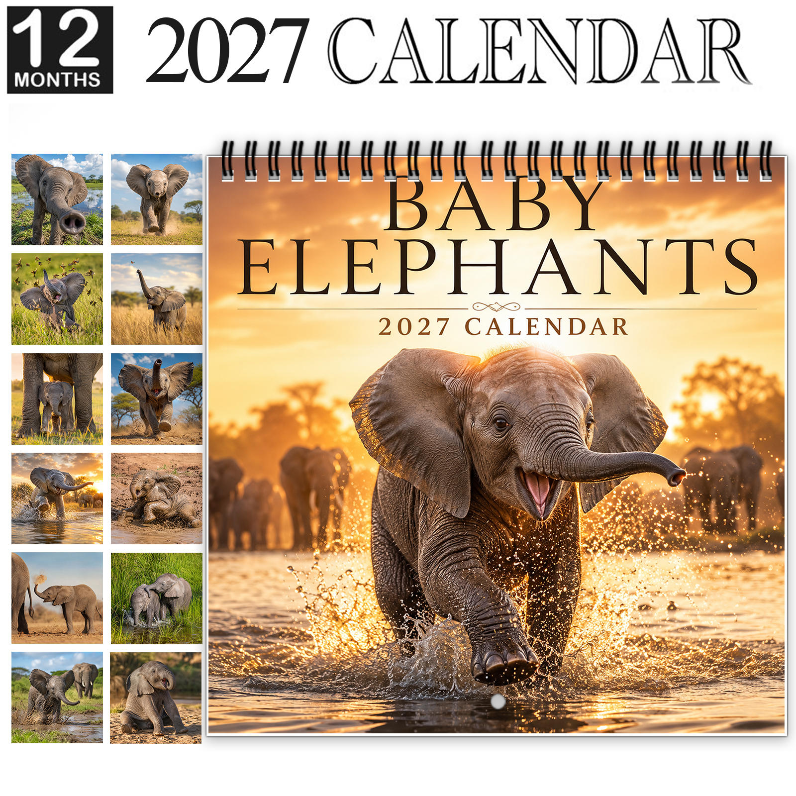 TEMU 1pc 2027 Baby Elephants Wall Calendar, Spiral-bound 12-month Wildlife Calendar With Large Grid, Features Adorable Baby Elephants Playing , Cute