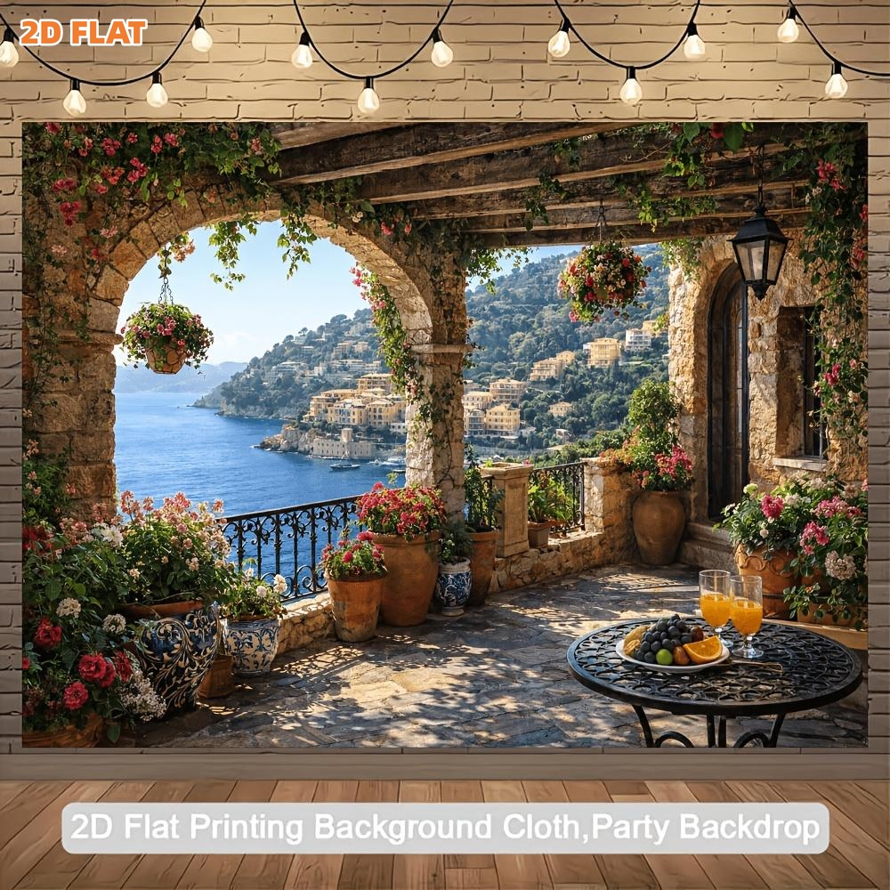 TEMU 2d Flat, 2d Flat - 2d Flat Banner 1pc, Mediterranean Leisure Beach Balcony Theme Banner | Includes Stone , Colorful Flower Pots, , And Mountain