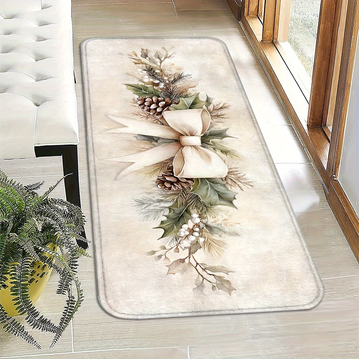 TEMU A Christmas Bow And Holly Leaf Door Mat For Holiday Decoration, Perfect As A Christmas Gift, Indoor Entry Mat, Welcome Mat, Front Door Mat, And