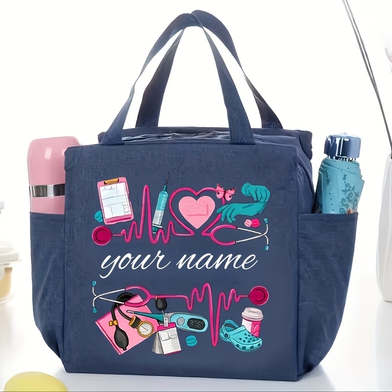 TEMU Customizable Nurse Pattern Theme Bag With Large Capacity - Personalized Name/text Option - Features Ecg And Stethoscope Designs - Available In