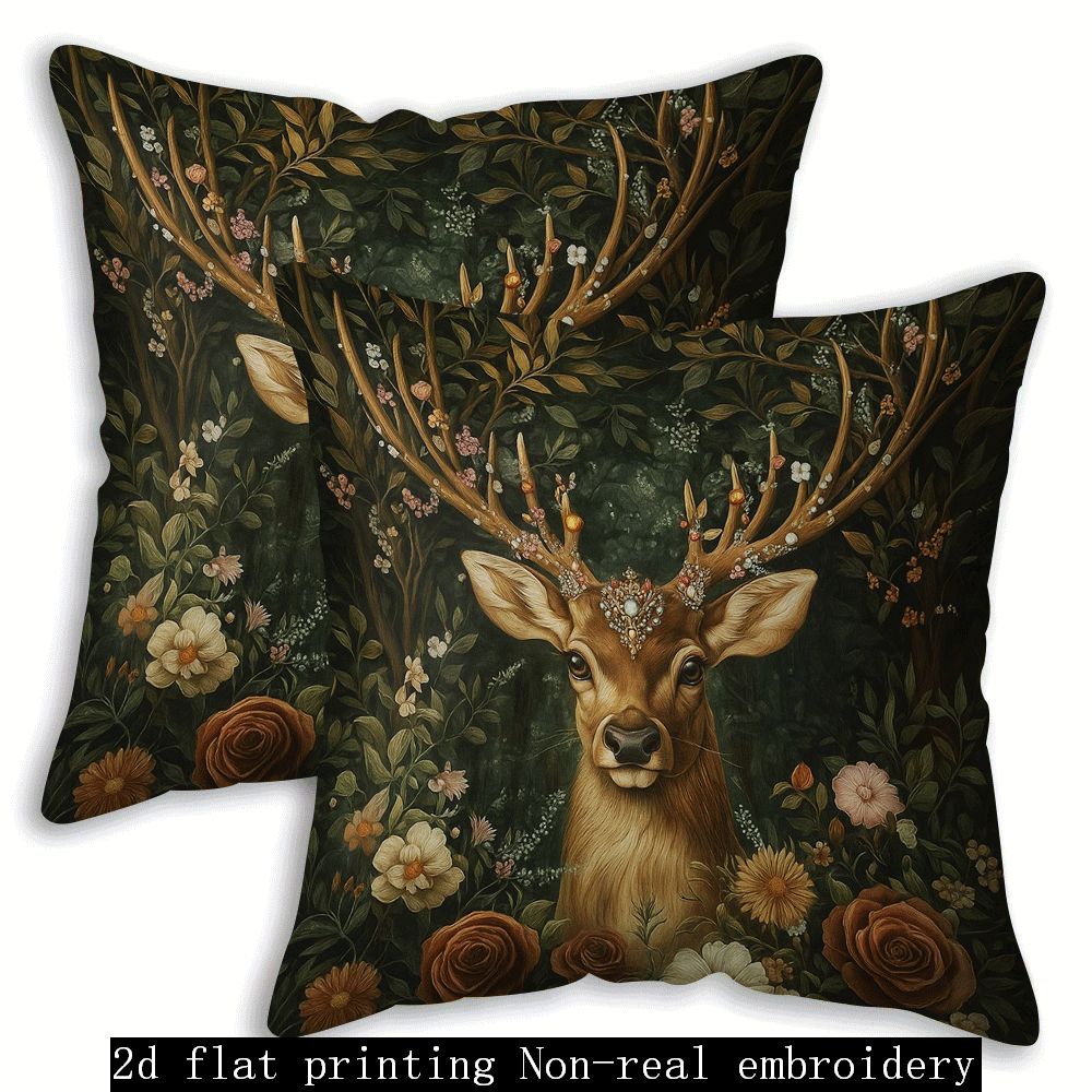 TEMU 2d Flat - Set Of 2 Pillow Covers With 2d Single-sided Printing Featuring A Vintage Forest-style Deer . Creative Animal Floral Pattern Cushion