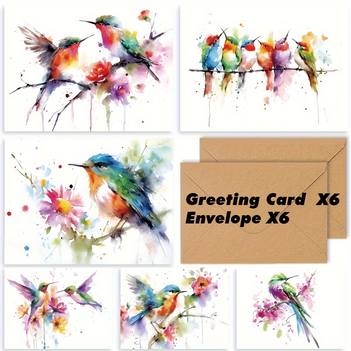TEMU A Set Of 12/24 Watercolor Hummingbird Greeting Cards With Envelopes, Featuring 6 Unique Bird-shaped Designs. Blank Inside For Messages, Suitable