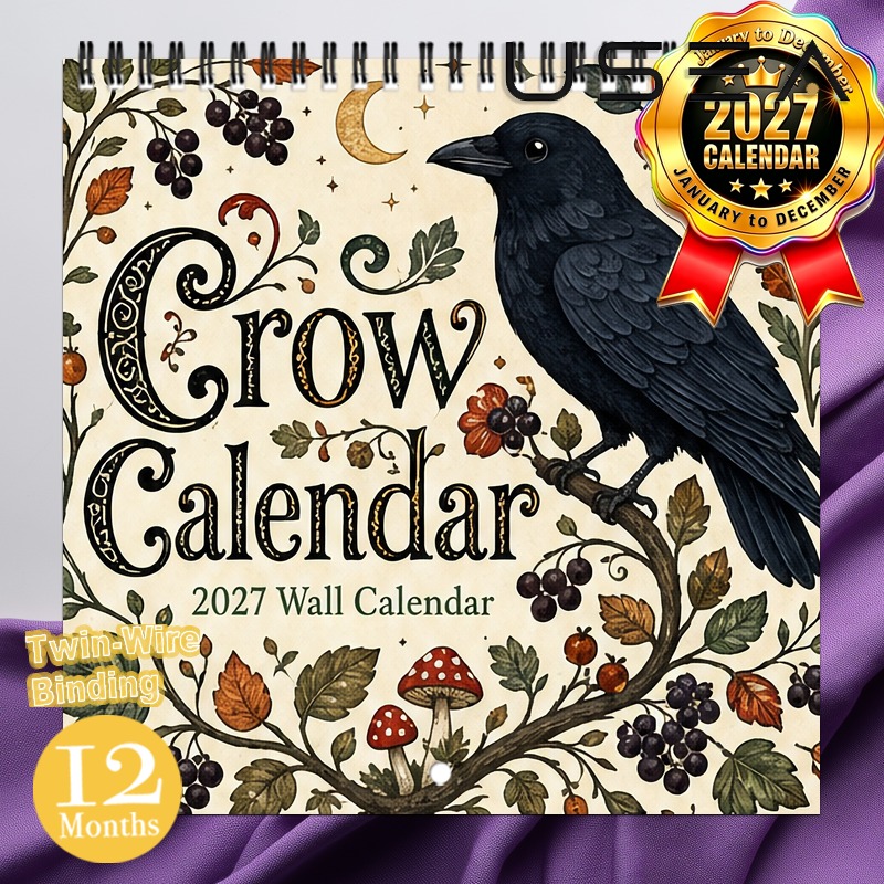 TEMU 2027 Wall Calendar 2027 Crow Wall Calendar, 12-month Hanging Planner With Twin Wire Binding, 8.3x8.3 Inches, Celestial Botanical Design, Large