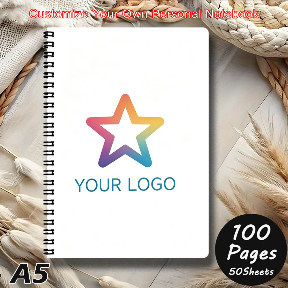 TEMU Carnet Spirale A5 Personnalisé avec Couverture Photo/Logo et Pages Étiquetées, Convient pour l'École, , - 100 Pages/50 Feuilles, Papier de Haute
