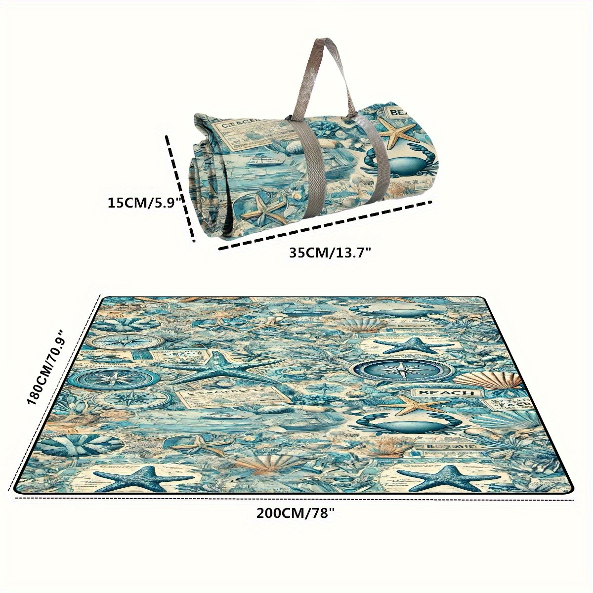 TEMU 1pc Beach-themed Collage Picnic Blanket With Shells, Starfish & Compasses - Lightweight Polyester Portable Outdoor Mat For Camping, Bbq, Hiking,