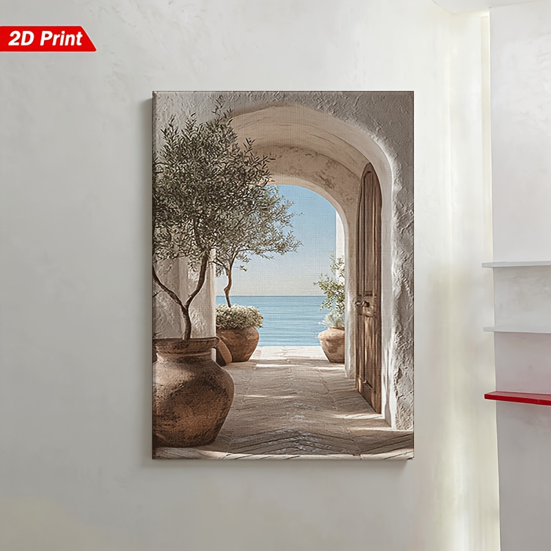 TEMU 2d Flat, Mediterranean Sea & Olive Tree Wall Art - Wooden Framed Vertical Canvas Poster Suitable For Living Room, Modern Sea Archway Painting