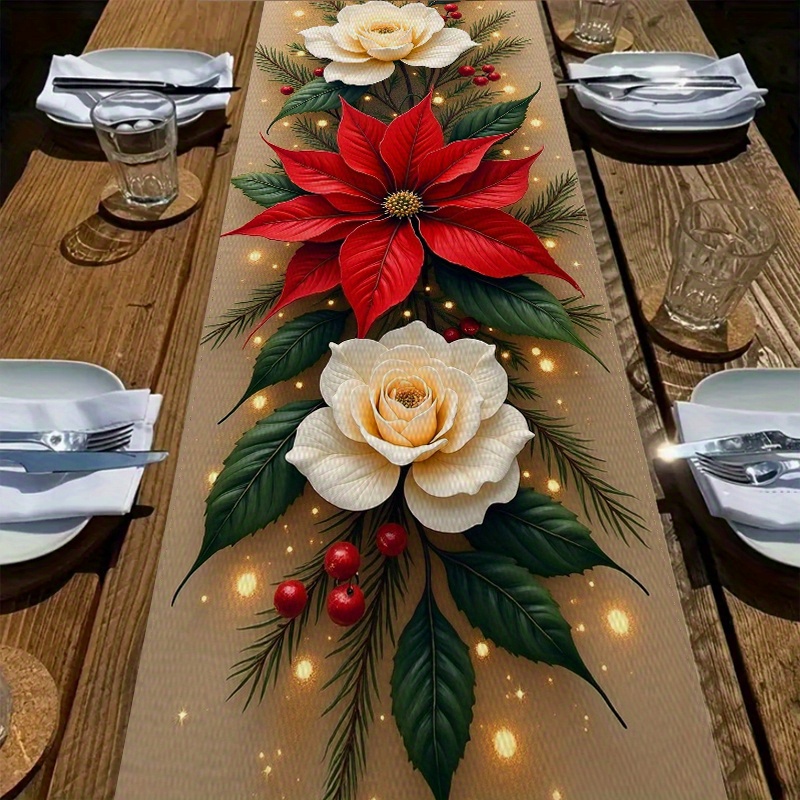 1pc Christmas Table Runner With Poinsettias, White Roses, Pine Berries Holiday Dining Table Decor For Home Kitchen, Festive Holiday Tablecloth Accessory 2d Flat Printing