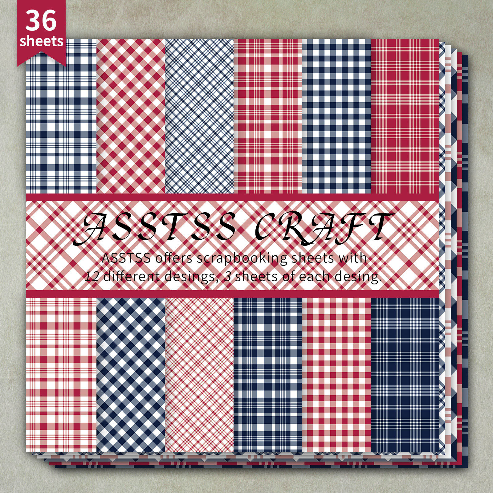 TEMU Bloc de papier épais pour scrapbooking ASSTSS de 36 feuilles, adapté au journaling, au collage et aux loisirs créatifs - Vichy américain rouge,