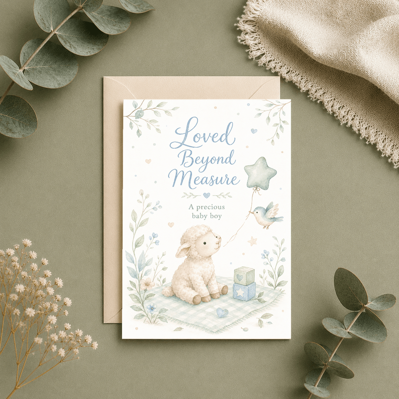"Loved Beyond Measure" Greeting Card Featuring Soft Watercolor Lamb