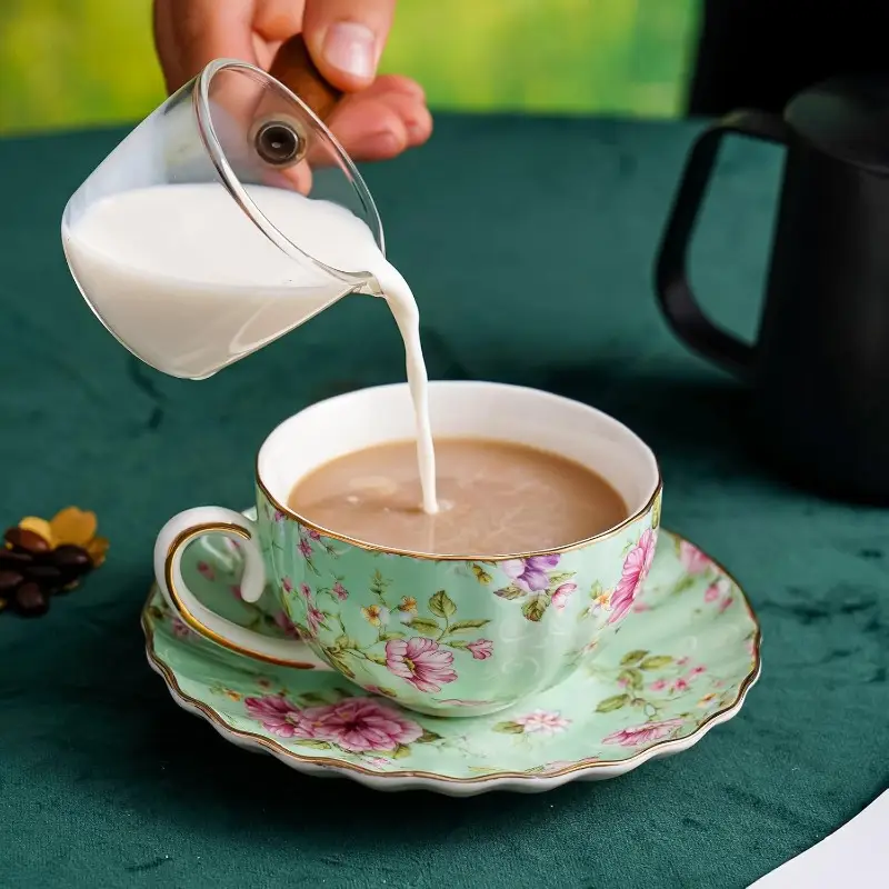 tea cup and saucers 6 4oz floral tea cups with porcelain bone china teacup coffee cappuccino espresso latte mugs for party birthday party christmas gift green Product details 6