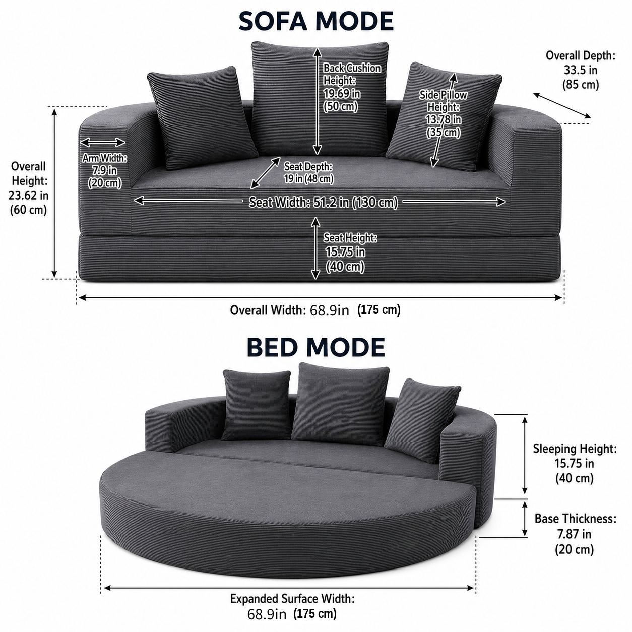 175cm Oversized Round Sleeper Sofa Bed, Convertible Circle Chaise Lounge Chair Indoor, Modern Fluffy Plush Corduroy Cloud Boneless Couch, Assembly Free, Comfy Bean Bag For Living Room