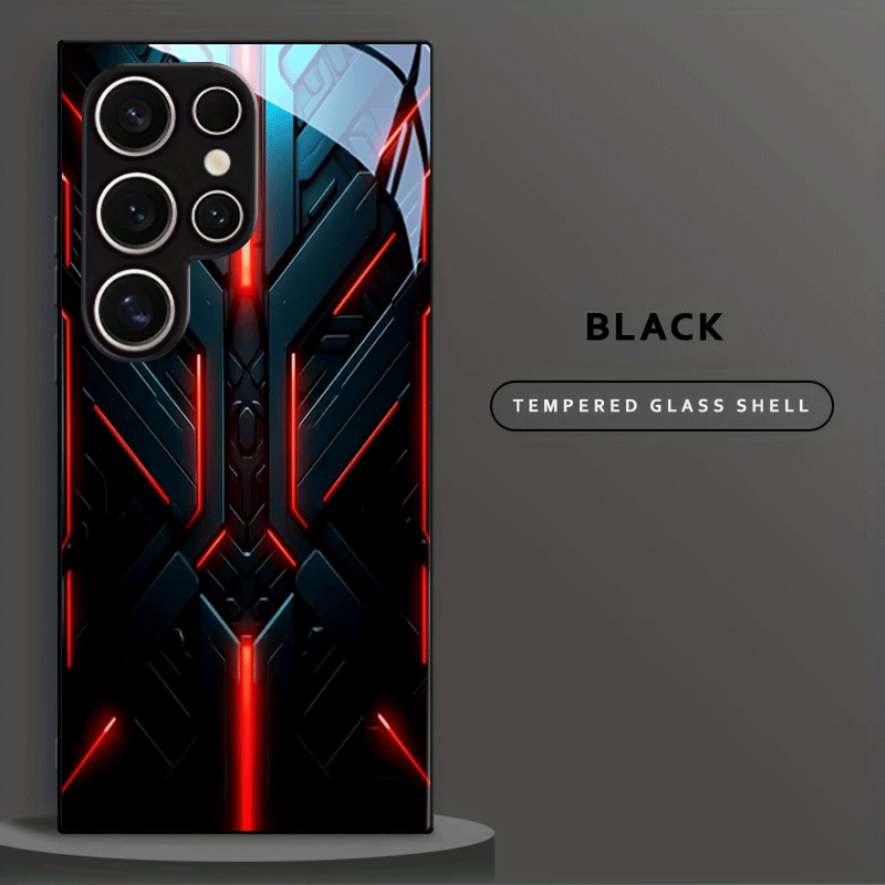 TEMU Phone Case - Red And Blue Texture Pattern Tempered Glass Phone Case Black For 25s24s23s22s21s20note