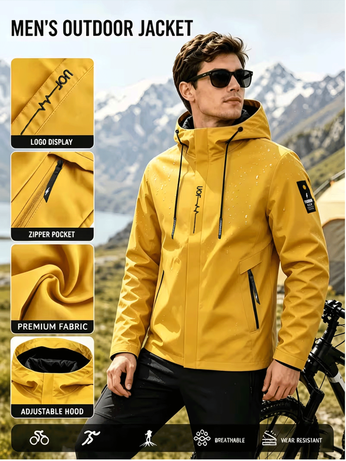 Men's Plain Print Full-Zip Hooded Jacket for Outdoor Activities