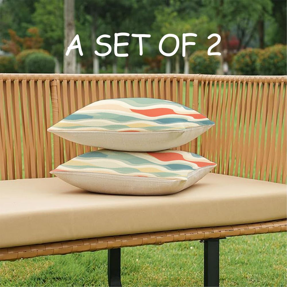 Outdoor Pillows 2pcs Set with InsertWave Pattern Outdoor Cushion (17.72inch) Features a Seamless Design of Wavy Lines in Pastel Colors, Creating a Retro-inspired Aesthetic. Versatile as a Seat or Backrest, Perfect for Patios, Gardens, or Lounges. D