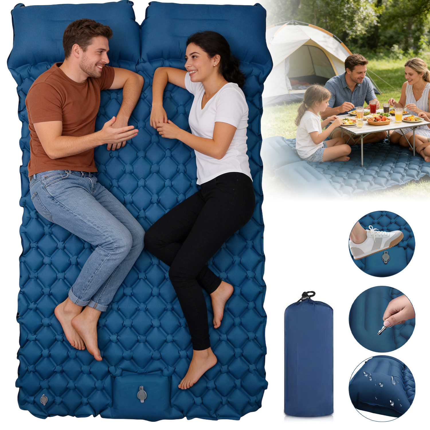 Image of 190 X 120 X 5cm Double Inflatable Sleeping Mat For 2 People, Built-in Foot Pump, Portable Air Pad For Camping Hiking Mountaineering